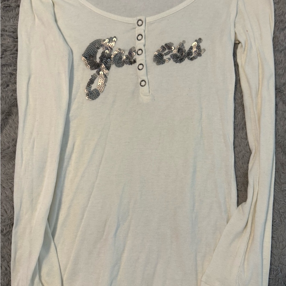 Guess Sequin Embellished White Long Sleeve Top